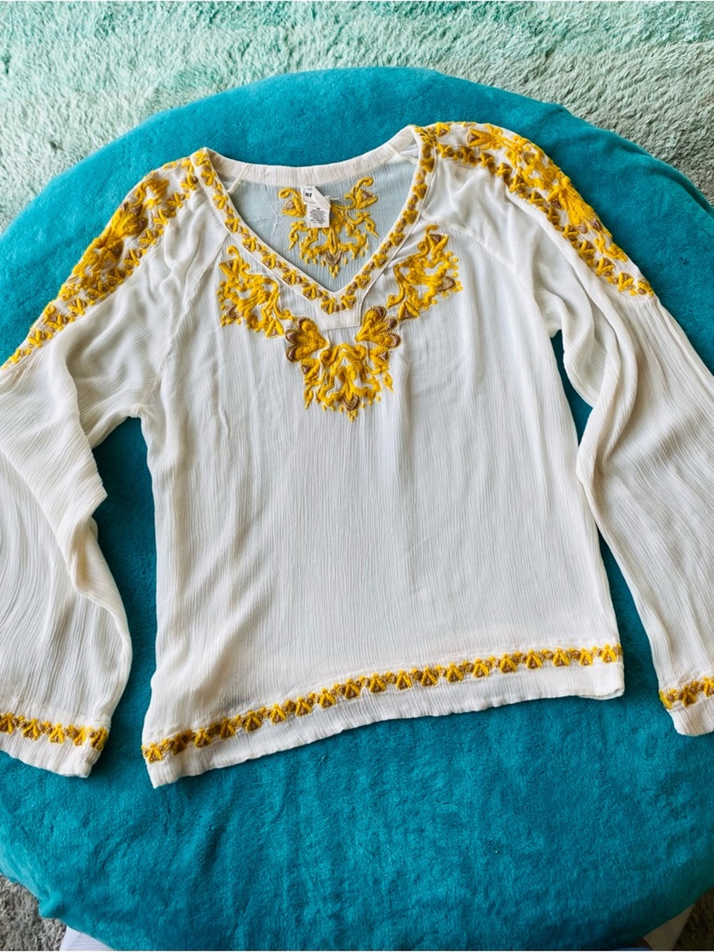 For The Republic White V-Neck Tunic with Yellow Embroidery
